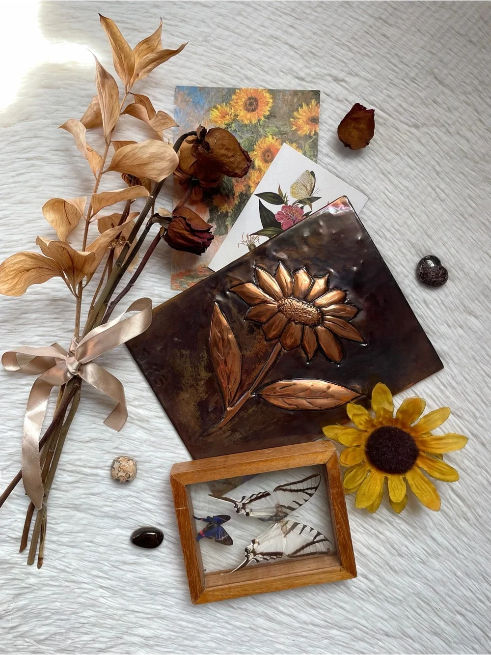 Vintage handmade signed bronze copper emboss 3D sunflower Art decor art